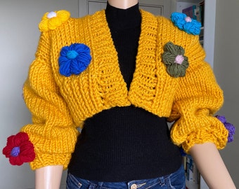 Cárdigan Daisy para mujer, suéter cárdigan de punto a mano para mujer, cárdigan grueso, suéter colorido de gran tamaño, cárdigan recortado con flores