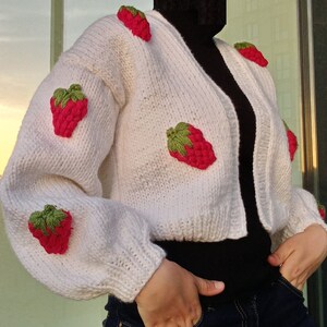 Strawberry Red & White Sweater for Women, Warm Soft Strawberry Cardigan, Chunky Cardigan for Women, Oversized Sweater Cropped Cardigan