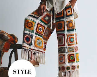 May include: Wide-leg pants crafted from multicolored crochet granny squares in shades of yellow, red, green, and blue, featuring a white drawstring waist and long white fringe trim at the hem. The text STYLE 240 is visible in a white circle.
