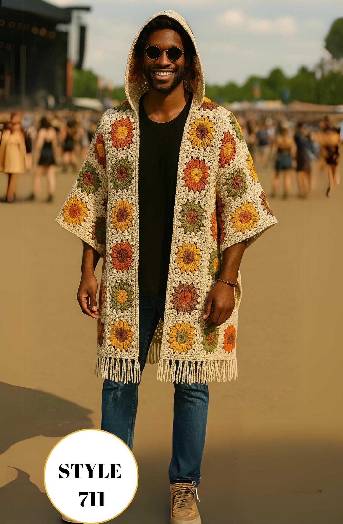 Crochet Hooded Cardigan Men, Granny Square Cardigan Men's