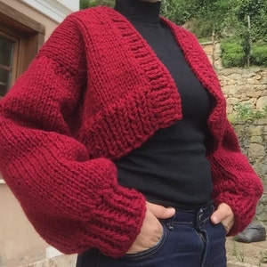 Red Chunky Cardigan for Women, Maroon Hand Knit Jacket Women, Chunky Cardigan Red, Oversized Sweater, Cropped Cardigan