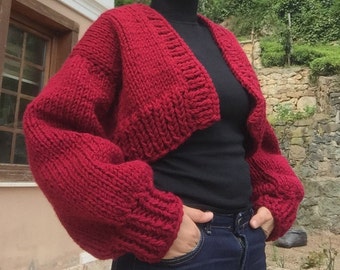 Cardigã grosso vermelho feminino, jaqueta feminina de tricô à mão cor vinho, cardigã grosso vermelho, suéter oversized, cardigã curto