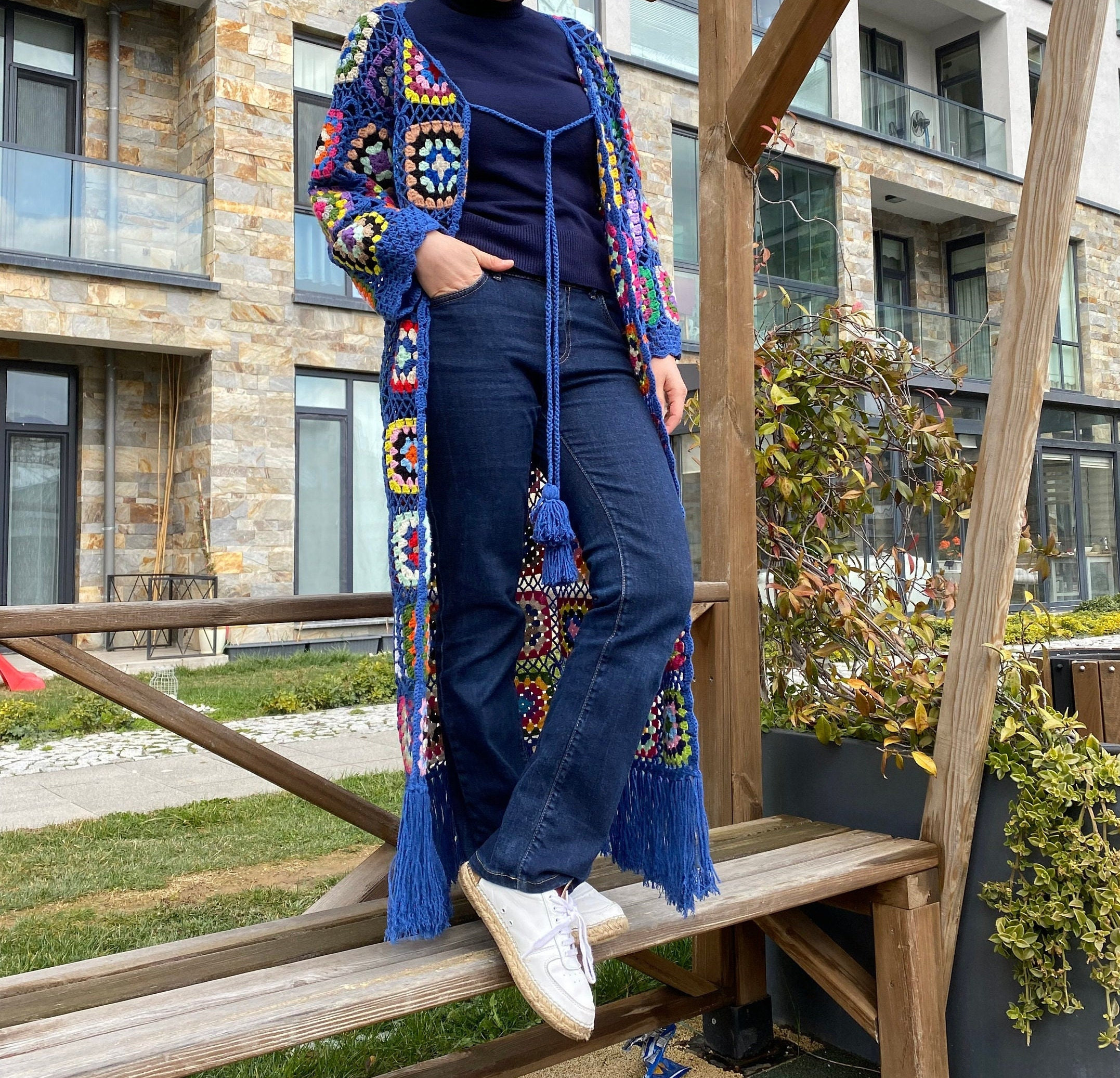 Crochet Cardigan, Granny Square Cardigan, Navy Blue Oversized