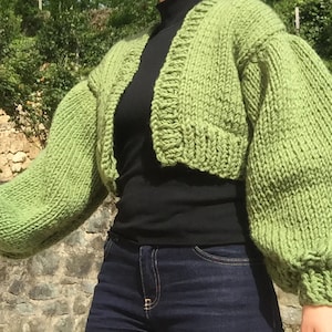Green Chunky Cardigan for Women, Green Hand Knit Jacket Women, Chunky Cardigan, Oversized Sweater, Cropped Cardigan