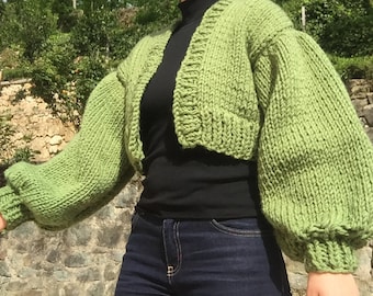 Green Chunky Cardigan for Women, Green Hand Knit Jacket Women, Chunky Cardigan, Oversized Sweater, Cropped Cardigan