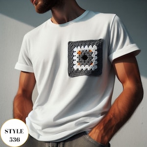 Vintage T-Shirt with Crocheted Patch, Summer Unisex Festival T-Shirts, Short Sleeves Basic Men Shirt with Crochet Granny Square Pocket