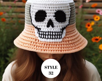 Skull Bucket Hats for Women, Bohemian Skull Crochet Bucket