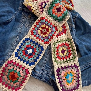 Granny Square Scarf, Christmas Gifts for Her, Cream Crochet Scarf, Hand Knitted Afghan Scarf, Fall/Winter Gift Multicolour Scarf with Tassel zdjęcie 3