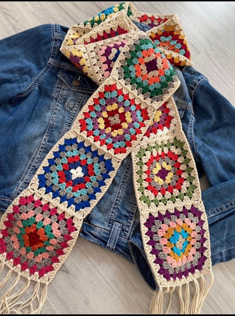 Granny Square Scarf, Christmas Gifts for Her, Cream Crochet Scarf, Hand Knitted Afghan Scarf, Fall/Winter Gift Multicolour Scarf with Tassel zdjęcie 3