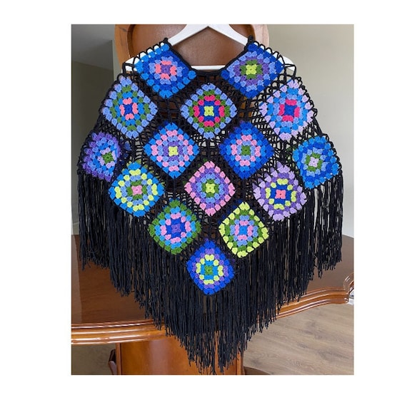 Crochet Poncho Festival Outfit, Rave Hand Knit Granny Square Crochet Poncho Festival Outfit, Rave Hand Knit Granny Square