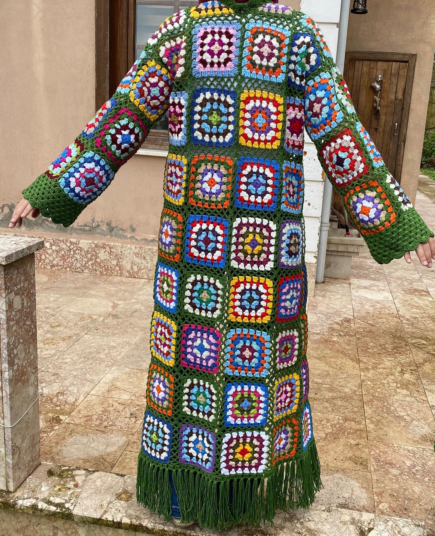 Crochet Cardigan, Granny Square Long Cardigan, Colorful