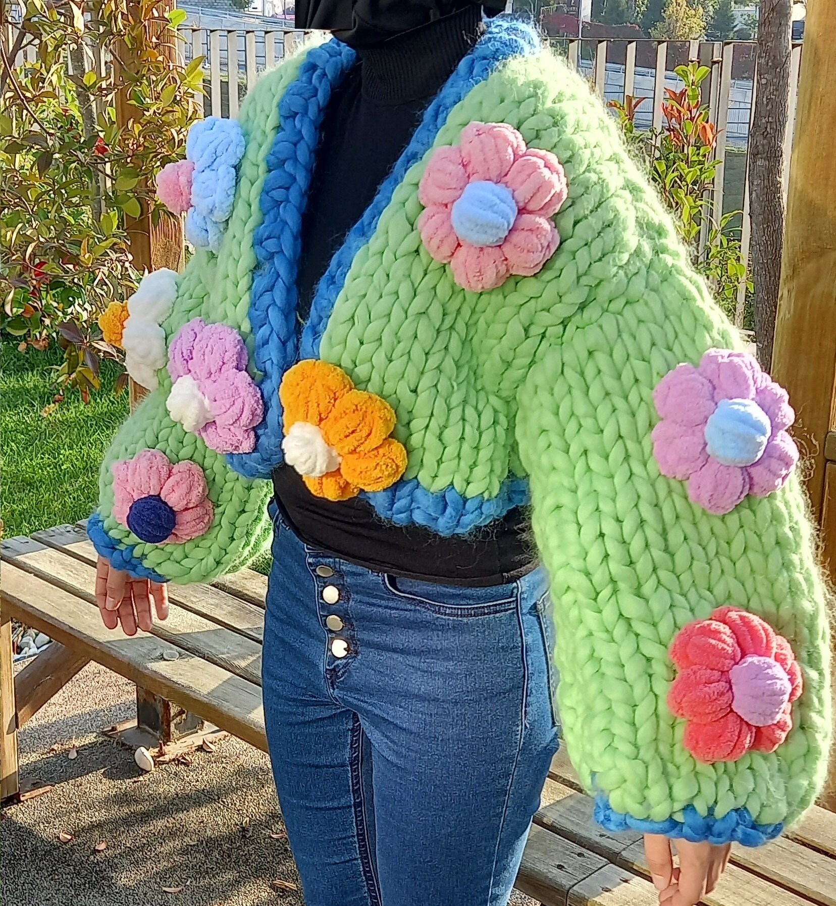 Daisy Knit Jacket, Oversized Floral Cardigan, 3D Fluffy Flowers