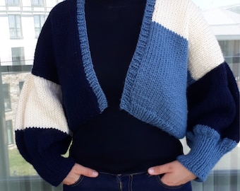 Oversize Hand Knit Chunky Cardigan, Color Block Sweater, Balloon Sleeve Wool Cardigan, Blue Cardigan Women Sweater, Cropped Cardigan