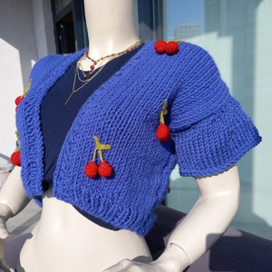 Cherry Cardigan, Women&#39;s Short Sleeved Crop Cardigan Sweater, Cherry Chunky Cardigan, Oversized Sweater, Cropped Cardigan Handmade Knitting
