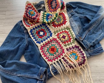 Granny Square Scarf, Christmas Gifts for Her, Cream Crochet Scarf, Hand Knitted Afghan Scarf, Fall/Winter Gift Multicolour Scarf with Tassel