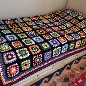 Granny Square Blanket, Black Crochet Afghan Blanket, Vintage Bedspread Throw, Patchwork Knitted Sofa Blanket, Large Crochet Blanket