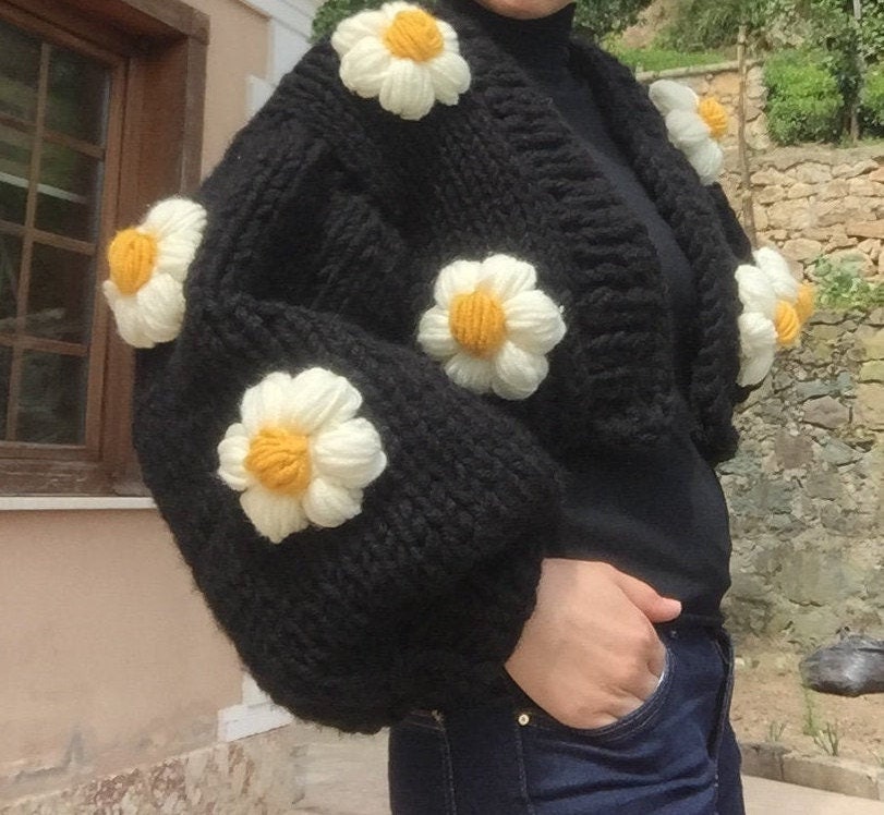 Daisy Cardigan for Woman, Black Hand Knit Jacket Women, Chunky Cardigan Black, Oversized Sweater, Flower Cropped Cardigan - Etsy Daisy Cardigan for Woman, Black Hand Knit Jacket Women, Chunky Cardigan Black, Oversized Sweater, Flower Cropped Cardigan - Etsy