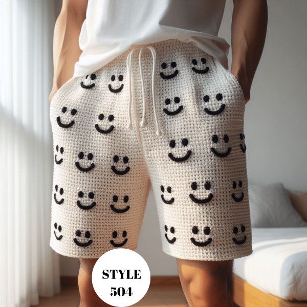 Smiley Face Men Shorts, Smile Face Crochet Short Pants for Men, Summer Short Trousers Mens Gift for Boyfriend, Funny Crochet Short for Beach