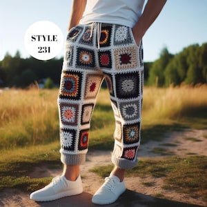 Midi Crochet Men&#39;s Pants, Granny Square Boho Pants for Men, Retro Pants Men, Granny Square Boho Pants, Bohemian Men Festival Trousers Pants