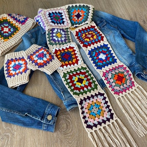 Granny Square Scarf, Cream Crochet Scarf, Hand Knitted Afghan Scarf, Christmas Gift for Her, Multicolour Scarves with Tassel