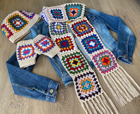 Granny Square Scarf, Cream Crochet Scarf, Hand Knitted Afghan Scarf, Christmas Gift for Her, Multicolour Scarves with Tassel