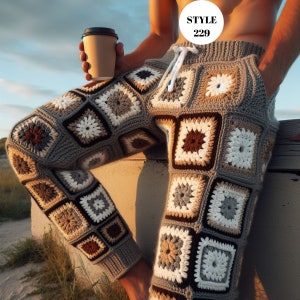 Granny Square Pants for Men, Midi Crochet Men&#39;s Pant, Retro Pants Men, Granny Square Boho Pants, Bohemian Men Festival Trousers Pants