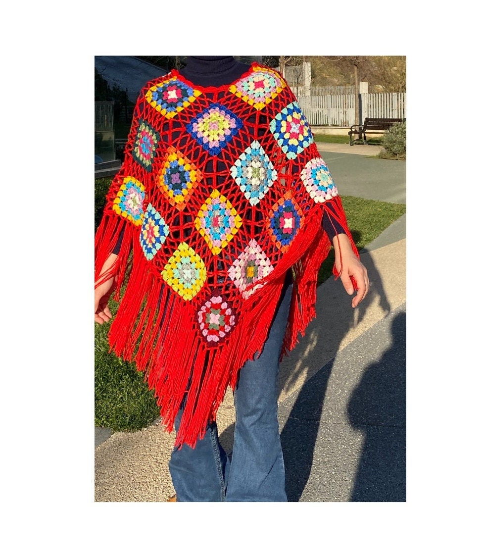 Crochet Poncho, Red Handmade Crochet Granny Square Poncho Crochet Poncho, Red Handmade Crochet Granny Square Poncho