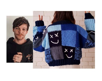 Patchwork Cardigan Louis Tomlinson Sweater Patchwork Hand Knitted Sweater Cardigan Women, Christmas Gift for Her, His, Oversized Patchwork