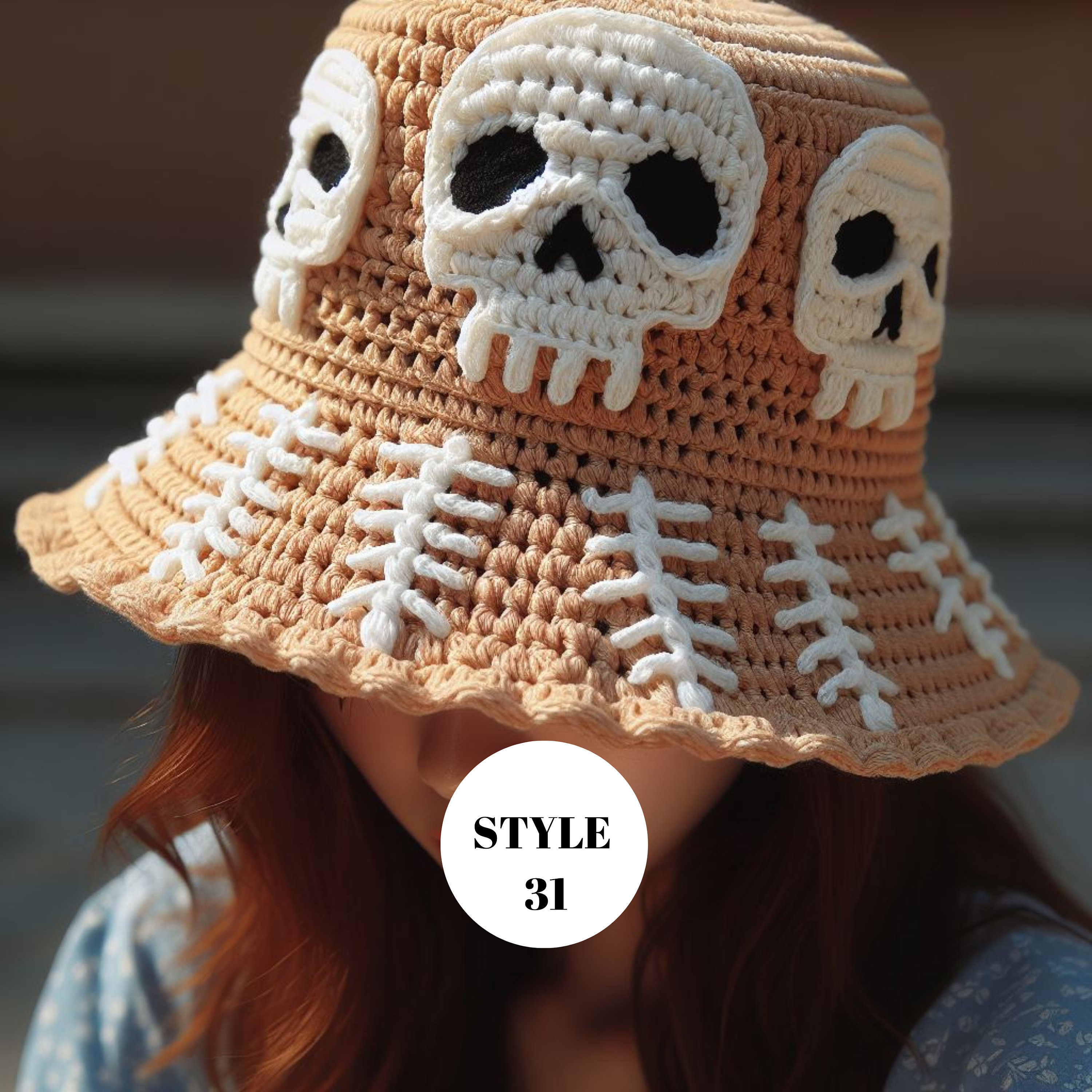 Skull Bucket Hats for Women, Bohemian Skull Crochet Bucket