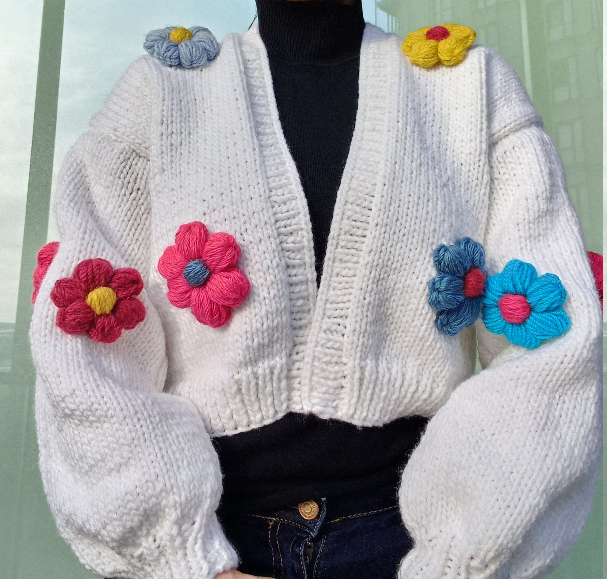 Daisy Cardigan for Woman, Multicolor Hand Knit Jacket Women Daisy Cardigan for Woman, Multicolor Hand Knit Jacket Women