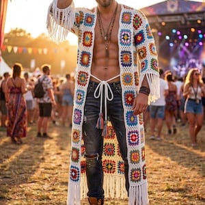 Mens Crochet Duster Granny Square Kimono, Boho Festival Fringe Cardigan Long Crochet Sweater, Burning Man Outfit Mens Tassel Knit Kimono