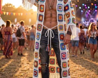 Kimono da uomo all'uncinetto modello Grandma Square, Cardigan lungo all'uncinetto con frange stile Boho Festival, Kimono da uomo in maglia con nappe stile Burning Man