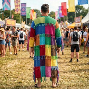 May include: A colorful patchwork sweater coat with fringe trim. The coat features a variety of colors, including green, blue, pink, red, and yellow. The person is standing in a crowd at an outdoor event.
