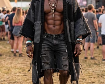 以下が含まれることがあります： 黒とチャコールグレーのパッチワークニットカーディガン。フリンジの縁取りがあり、ダメージ加工された黒のデニムショートパンツの上に着用。重ね付けされたビーズネックレス、複数のブレスレット、茶色のダブルストラップサンダルを合わせた服装。