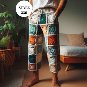 Granny Square Boho Pants for Men, Midi Crochet Men&#39;s Pant, Retro Pants Men, Granny Square Boho Pants, Bohemian Men Festival Trousers Pants
