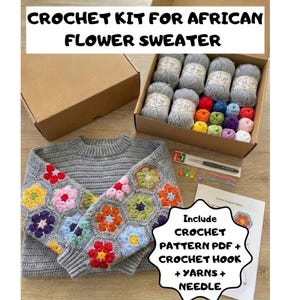 May include: A crochet kit for an African flower sweater. The kit includes a gray sweater with colorful flower-shaped crochet sleeves, yarn, a crochet hook, and a needle. The text on the image says "CROCHET KIT FOR AFRICAN FLOWER SWEATER".