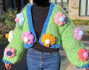 Daisy Knit Jacket, Oversized Floral Cardigan, 3D Fluffy