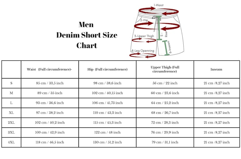 Puede incluir: Tabla de tallas de shorts de mezclilla para hombre con medidas en cent&iacute;metros y pulgadas. Incluye medidas de cintura, cadera, muslo y entrepierna para tallas S a 4XL. Un diagrama ilustra los puntos de medici&oacute;n.