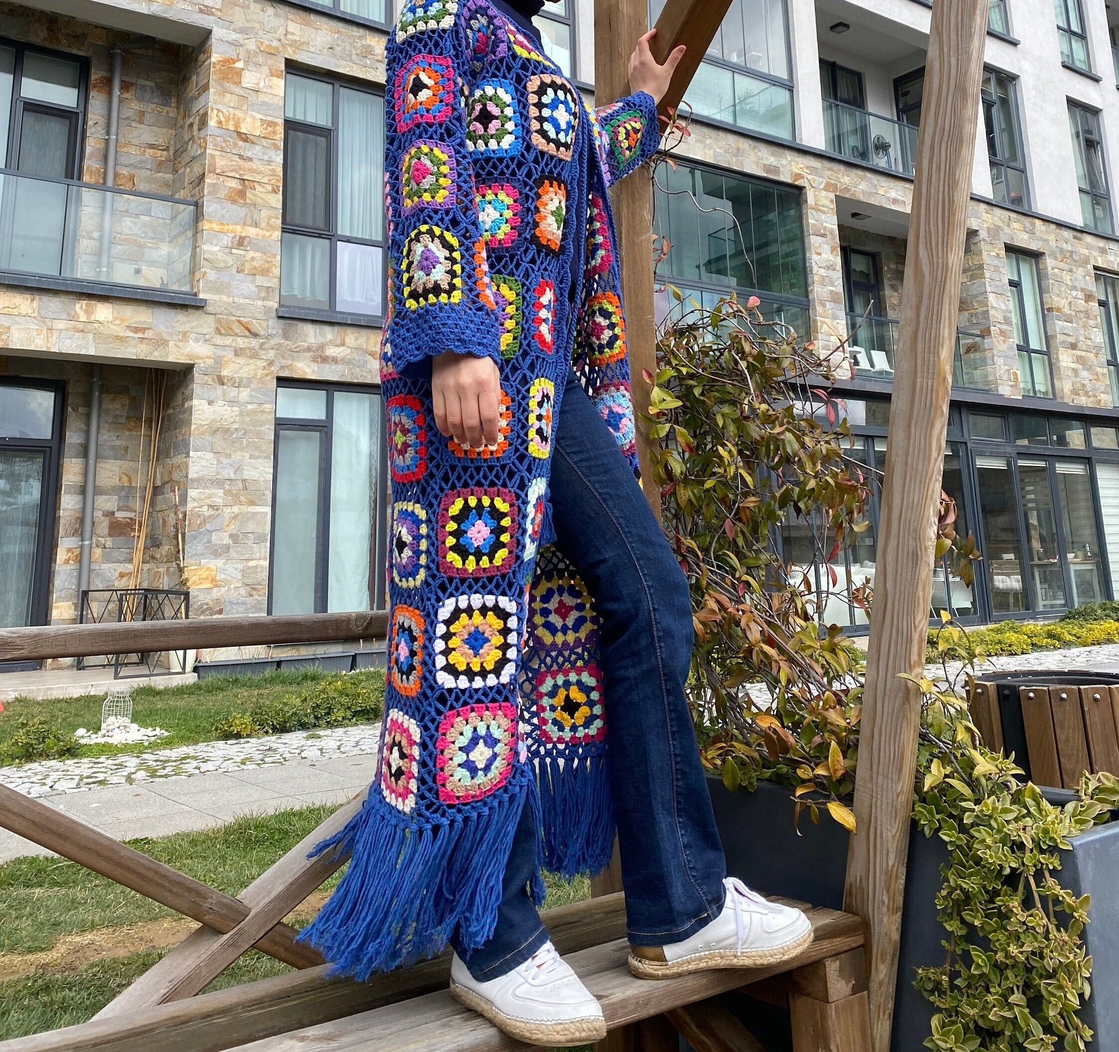 Crochet Cardigan, Granny Square Cardigan, Navy Blue Oversized