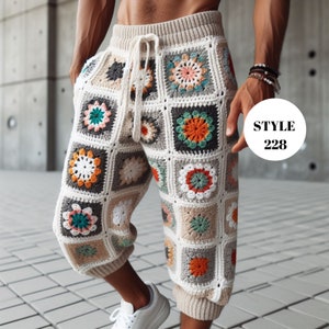 Granny Square Pants for Men Style 228, Midi Crochet Men&#39;s Pant, Retro Pants Men, Granny Square Boho Pants, Bohemian Men Festival Trousers