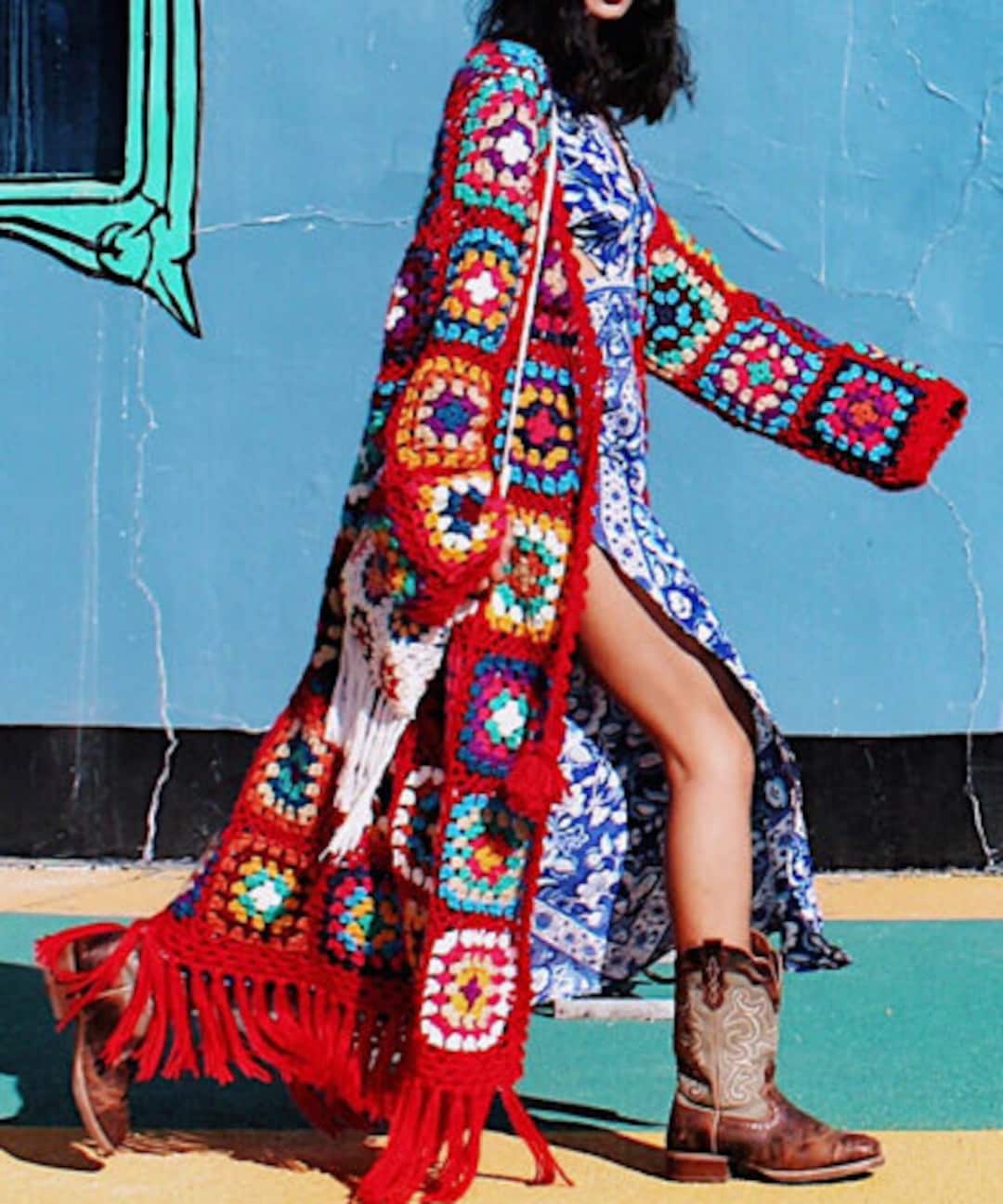 Red Long Crochet Cardigan With Fringe, Oversized Coat, Floor