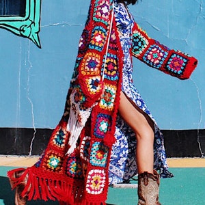 Red Long Crochet Cardigan with Fringe Oversized Coat, Floor Length Crochet Festival Sweater Cardigan, Festival Long Sleeves Crochet Kimono