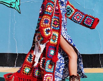 Crochet Duster Women Cardigan, Granny Square Red Cardigan, Women's Knit Oversized Cardigan, Hand Knit Festival Cardigan
