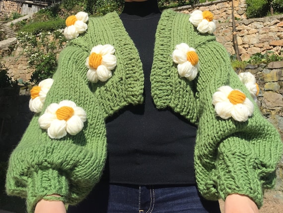 Green Chunky Cardigan for Women, Oversized Sweater, Cropped