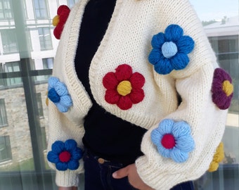Cardigã Daisy para Mulher, Cardigã Floral, Jaqueta Feminina Multicolorida Tricotada à Mão, Cardigã Grosso, Cardigã Bloom, Cardigã Curto, Tricô
