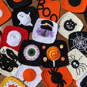 Halloween Theme Crocheted Squares Kit,  Ghost, Witch, Eye, Pumpkin, Castle, Skull, Candy Crochet Squares, Ready to Use Halloween Crochet Kit