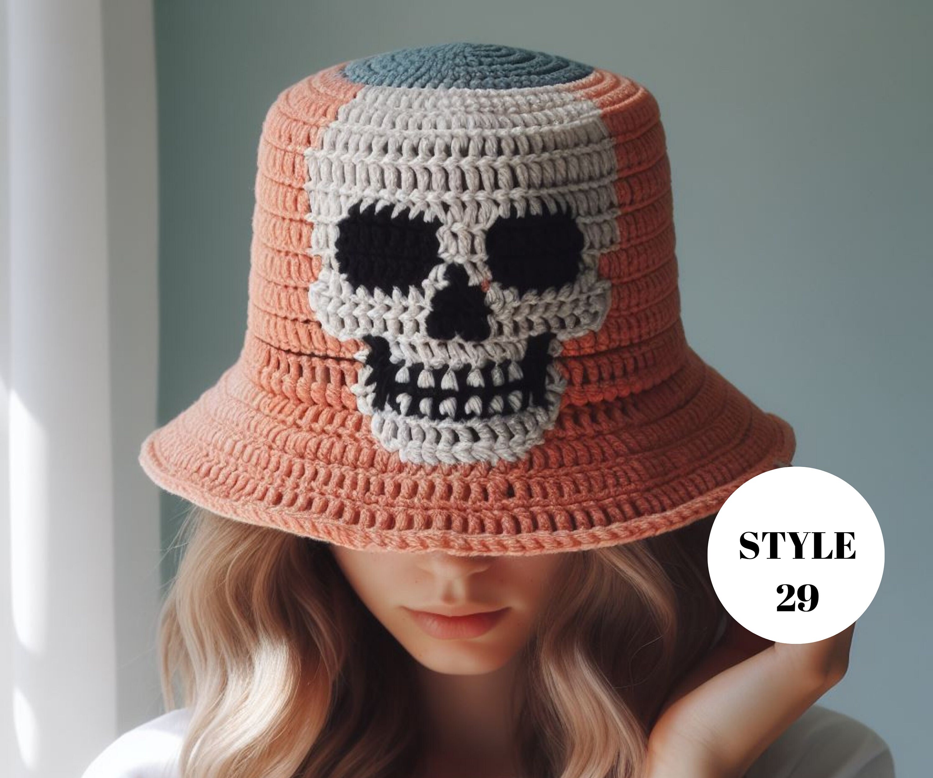 Skull Bucket Hats for Women, Bohemian Skull Crochet Bucket