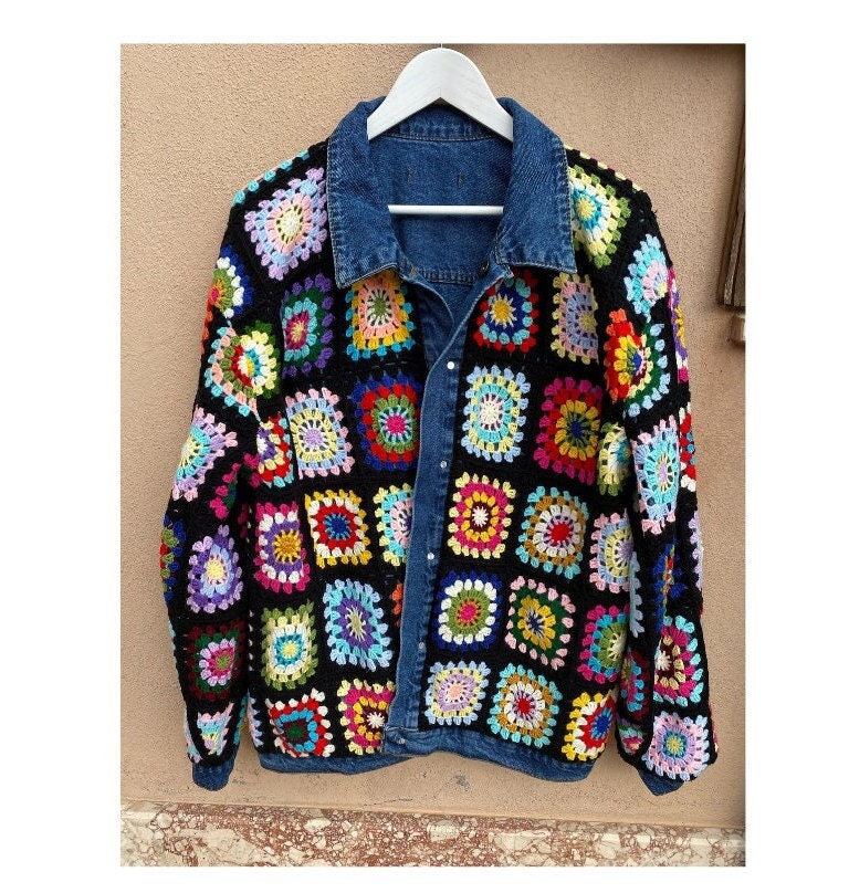 Crochet Jean Jacket Mens, Crochet & Denim Jacket for Mens