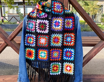 Granny Square Scarf, Black Crochet Scarf, Hand Knitted Afghan Scarf, Christmas Gifts for Her, Fall/Winter Gift Multicolour Scarf with Tassel