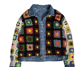 Crochet Denim Jacket, Reversible Jean Jacket for Mens Women, Handmade Clothes, Granny Squares Unisex Vest Cardigan Men, 2 Sided Coats